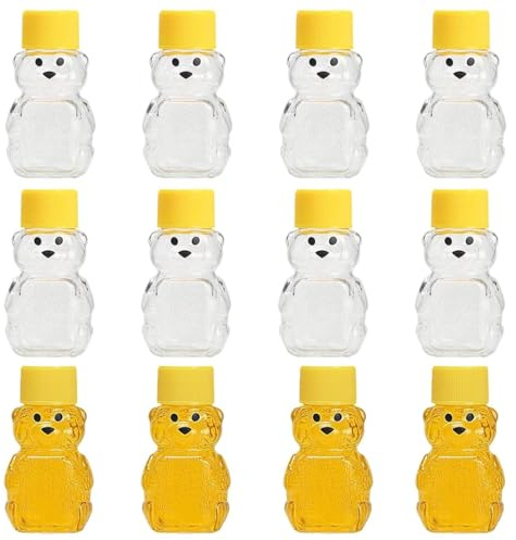 Lot de 12 mini pots à miel vides en plastique transparent en forme d'ours avec couvercle à visser pour ranger et distribuer (jaune)