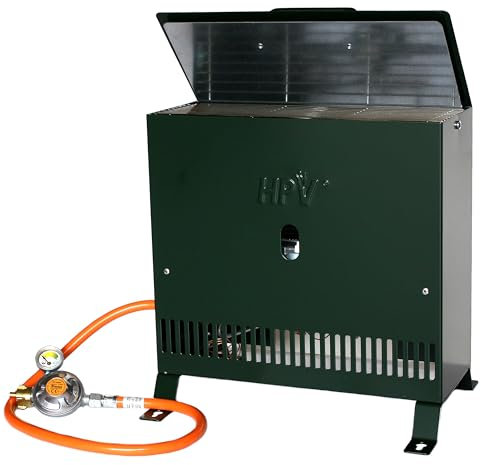 Gewächshausheizung 4kW mit Thermostat und Piezozündung für Wandmontage oder im Stand montierbar Gasheizer inkl. Schlauch HPV made in Germany Frostwächter (Mit Druckminderer (Außenbereich))
