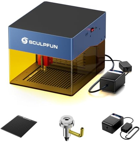 SCULPFUN iCube 3W Laser Graviermaschine mit Luftpumpe und Waben Arbeitstisch, Rauchfilter, 0,02 mm Laserfokus Mini Lasergravierer, Tragbare Lasergravur für Holz Papier Leder