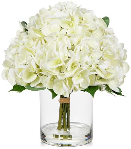 Oairse Artificial White Hydrangea Flowers in Clear Glass Vase with Faux Water, 31CM Realistic Fake Flower Arrangement for Home Office Decor, Table Centrepiece, Living Room, Dining Table, Wedding