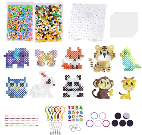 YANGUN Bügelperlen Set 10mm, 1000 Stück bügelperlen groß, 10 Muster und Bügelpapier, DIY Steckperlen mit Platten Zubehör Muster, Kreatives Perlenset Geschenk für Kinder ab 3 Jahren (Tierdrucke)