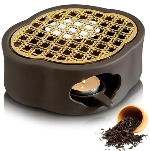 Calientaplatos para tetera de cerámica, calentador de té con portavelas, calentador de tetera negro, diseño tallado hueco, calentador de cerámica, calentador de café, calentador de tetera para café