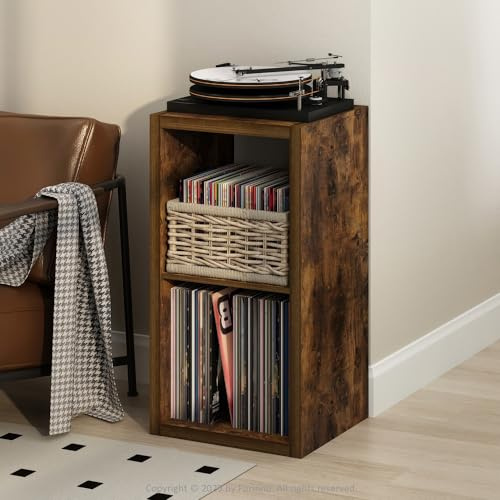 Furinno Cubicle Plattenspieler Regal mit Vinyl Aufbewahrung, 2-Würfel 1.2 Extra Dicke Vinyl Aufbewahrung, Offen Rückseitiges Medienregal für CD DVD Blueray Spiel Discs, für Wohnzimmer, Amber Pine