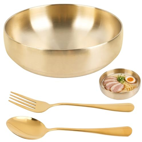 Akamino Ensaladera dorada con tenedor y cuchara de acero inoxidable, cuenco de mezcla de gran capacidad de doble pared, cuenco de cocina aislado térmicamente para preparar y preparar alimentos (1400