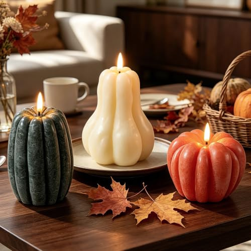 Lanpn 3 Pcs Velas LED de Calabaza Otoñal, Pumpkin Candle Sin Llama con Control Remoto, Velas Calabaza Cera Real a Pilas, Regalo Decoración para Halloween Otoño Hogar Granja Mesa