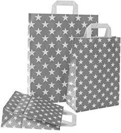 PGV Papiertragetaschen mit Flachhenkel Sterne GRAU (22 + 10 x 31 cm, 100 Stück)