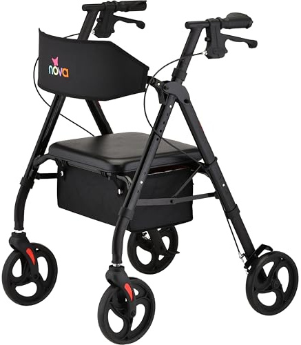 NOVA Star 8 Foldable Rollator Walker for Seniors (5'3–6'2), Wide Padded Backrest with Seat, 8” All-Terrain Wheels, Easy-Grip Locking Hand Brakes, Height Adjustable, Black
