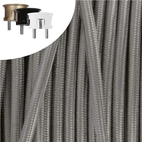 Textilkabel, Stoffkabel, Verlängerung 3 METER Farbe Silber 3 adrig 3 x 0,75 mm² rund wahlweise mit Schukostecker (3 mtr. Schukostecker Rund gold)