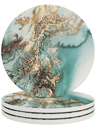 HAOCOO Lot de 4 sous-Verres Ronds en Pierre absorbante avec Base en liège et Pierre en céramique, Dessous de Verre décoratif pour Tasses et Tasses。Paquet de 4 (Marbre Bleu, Paquet de 4)