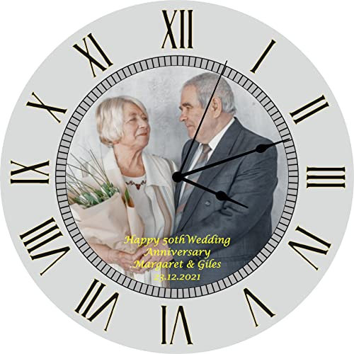 Precision Designs Photo Clock - 50th Golden Wedding Anniversary Personalised Clock - Size 30cm Silent Wall Mountable with Roman Numerals - Special & Unique Wedding Gift