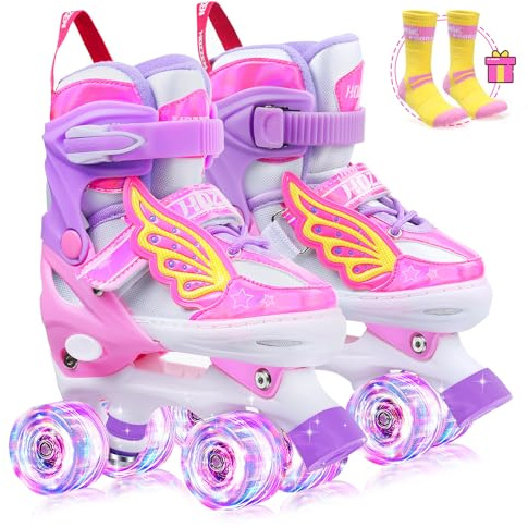 Hozzen Girls LED Light Up Roller Skates - Kids Size 10C-6Y with Storage Bag, Pink Shiny Illuminating Childs Skates for Toddlers Beginner