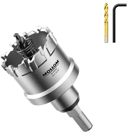 Mollom 1-9/16 (40mm) Scie à trou carbure 2 mèches pilotes incluses | Coupe-trous qualité industrielle pour acier inoxydable, acier doux, fer, cuivre, laiton, aluminium, plastique