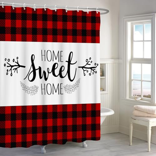 Renaiss 72x72 Inch Home Sweet Home Shower Curtain Black Red Checked Buffalo Plaid with Floral Rustic Plaid Farmhouse Bathroom Shower Curtains Set Waterproof Polyester Fabric with Hooks