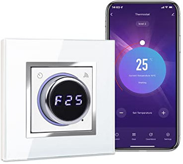 CNBINGO Smart Thermostat Heizung Digital, WLAN Heizkörperthermostat kompatibel mit Alexa, Google Assistant, Temperaturregler per App, Raumthermostat, Fußbodenheizung mit Weiß Glas, Quadrat