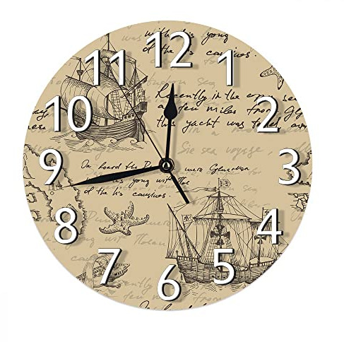 AOOEDM Orologio da parete vintage per barche a vela senza ticchettio, mare Retro nave Mappe oceaniche Orologi da parete rotondi beige a batteria per l'arredamento della camera da letto del soggiorno
