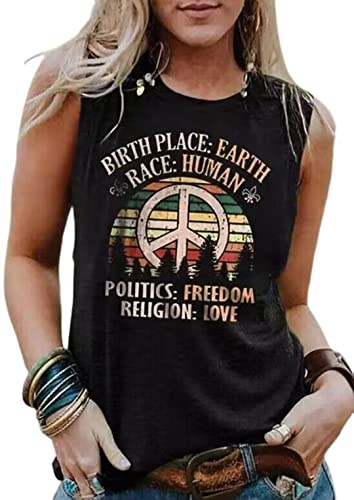 Birth Place Earth Race Human Politics Freedom Religion Love Tank Top Women Sleeveless Summer Casual Vacation Basic Shirt（Small,Black