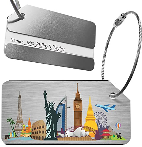 Luggage Tags 2 PCS, Luggage Labels for Suitcase, Travel Accessories with World Skyline Design - Brushed Aluminum Alloy with Name ID Labels for Small & Large Suitcase (Skyline Pack-2)