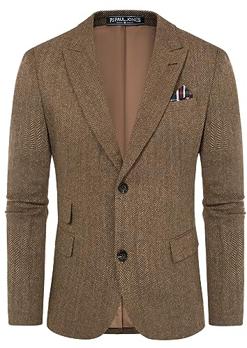 Men's Herringbone Tweed Blazer 2 Button Wool Blend Sport Coat Jacket Coffee Herringbone XL