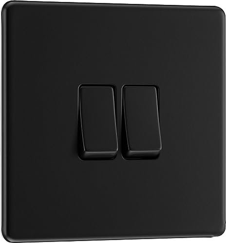 BG Electrical Double Wall Light Switch, 2 Way, Screwless Front Plate, Slim Profile, Premium Flatplate, Matt Black, 20A, 16AX, FFB42