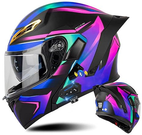 Klapphelm mit Bluetooth, Bluetooth Integralhelm Motorradhelm mit Doppelvisier, ECE Zertifiziert Lila Helm für Erwachsene Frauen Männer Hohe Qualität Helm, Roller-Mofa -Moped-Helm