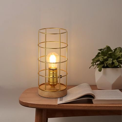 SUNLLOK Golden tischlampe mit Holz sockel, Metallkäfig-Schirm kleine Nachttischlampe für Schlafzimmer, Vintage Steampunk Industrial leselampe Schreibtischlampe Deko für Wohnzimmer, Kinderzimmer, Büro