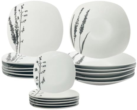 Virsus Servizio di Piatti QUADRATI per 6 Persone 7106, 18 Piatti in Porcellana color Bianco con Righe, Set composto da Piatto Fondo Diam.20,5cm, Piatto Piano Diam.24cm e Piattino Dessert Diam.19cm