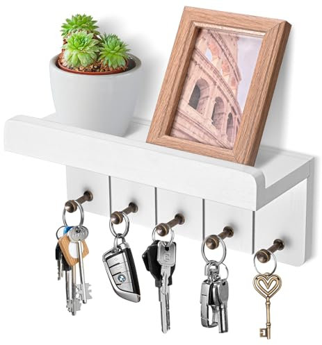 Kldgris Schlüsselbrett mit Ablage, Schlüsselbrett Holz Weiß, Dekoratives Wandregal mit 5 Schlüsselhaken, Wand Schlüsselboard für Eingangsbereich, Flur, Küche, Schlafzimmer