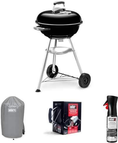 Bundle - Weber Compact Kettle Charcoal Grill Barbecue, 47cm|BBQ Grill with Lid Cover, Stand & Wheels|FreestandingOutdoor Oven, Smoker & Outdoor Cooker with Porcelain-Enamelled Bowl - Black (1221004)