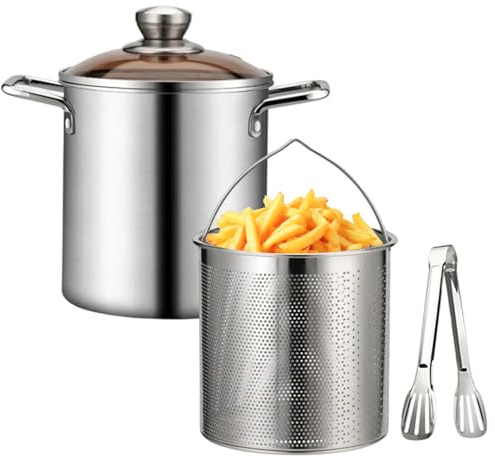 Sonhomay Olla freidora, olla pequeña de acero inoxidable, sartén con cesta coladora y tapa de vidrio, freidora japonesa de tempura para patatas fritas y pollo