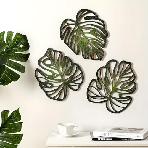 Lot de 3 décorations murales en bois de feuilles de palmier, décoration murale tropicale vintage pour maison, salon, cuisine, chambre à coucher, salle de bain et jardin, vert