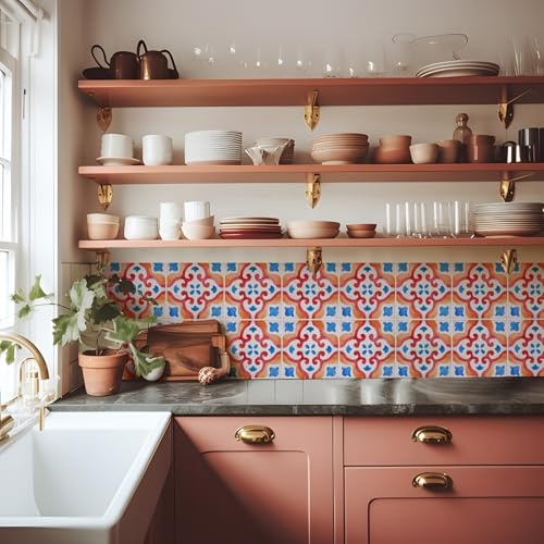 Alwayspon Lot de 10 autocollants pour carrelage rouge, bleu et orange, à décoller et à coller, pour cuisine et salle de bain