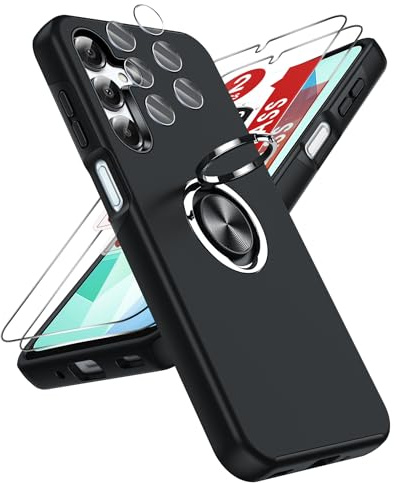 LeYi for Samsung Galaxy A16 Phone Case with 2 Screen and 2 Lens Protector | Invisible Metal Ring Stand Holder Shockproof Protective Cover for Samsung A 16 4G/5G - Black