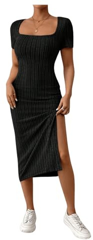 GORGLITTER Women's Square Neck Bodycon Midi Dresses Short Sleeve Ribbed Slit Tight Casual Dress Solid Black S