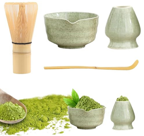 Hojalis Juego de 4 Escobas Matcha, Juego de Té Matcha, Juego de Kit Matcha, Accesorio de Ceremonia de Matcha, Batidor Matcha con Cucharas Matcha, Juego de Té Matcha, Soporte Batidor CeráMico