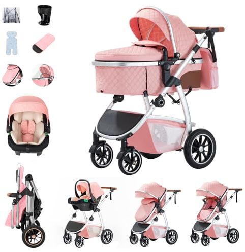Zkiprm 3 in 1 Kinderwagen, Reisesystem, Buggy & Car sitz, Höhenverstellbare Armlehnen und Kinderwagen mit Aluminiumgestell/Moskitonetz/Baumwollmatte, für Neugeborene 0-4 Jahre