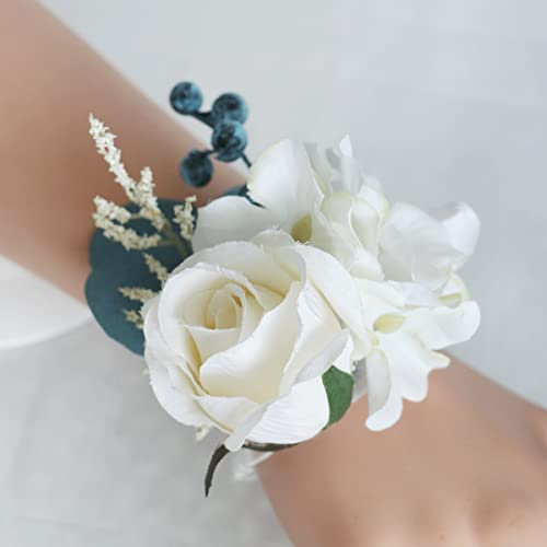 Nvzi 22,9 cm weißer kaskadierender Brautstrauß, Wasserfall-Hochzeitsblume, Rosen-Pfingstrosen-Brautstrauß mit Eukalyptus für Tafelaufsatz, Party und Hochzeit (Ansteckblume)