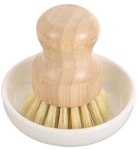 PRETYZOOM Kitchen Cleaning Brush Set Natural Wood Handle, Pot and Dish Scrubber Ceramic Drain Dish Holder for Effective Kitchen Dirt Removal and Wok Cleaning