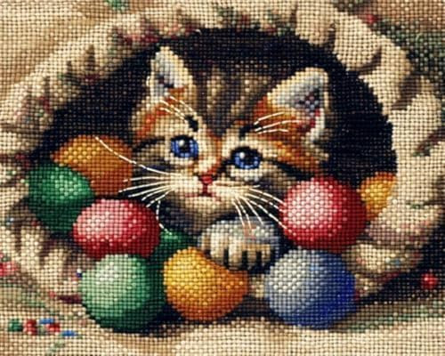 XDEGHUANGSS Kreuzstich-Set mit Tiermotiven für Erwachsene,Katze spielt mit Wollknäuel,Nadelspitze,Kreuzstich-Set für Anfänger,11-fädiges Stickset,Kunst,Heimdekoration,40x50 cm