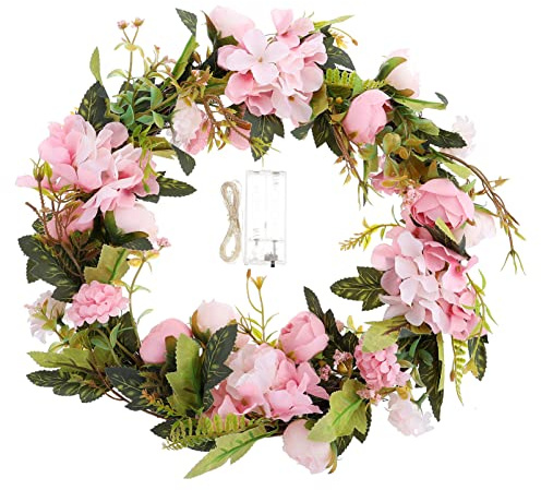 Beleuchteter Türkranz Künstlicher Blumenkranz aus Seidenblumen | Lichterkette, Eukalyptuskranz Dekoration für Hochzeit und Jubiläum