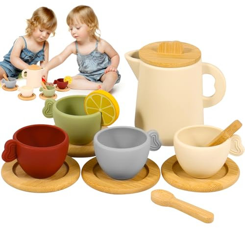Wooden Tea Set for Toddlers 13pcs Wooden Tea Party Toy with Silicone Teapot Cups Simulation Afternoon Tea Kit Creative Role Play Kids Interactive Toy Set for 3 4 5 6 Year Old Girl Birthday Gift(13PCS)