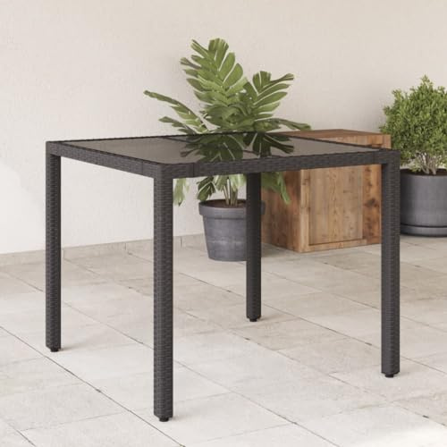 Myheimly Gartentisch mit Glasplatte Terrassentisch Stahlrahmen, Gartenmöbel Tisch Schwarz 90x90x75 cm Poly Rattan