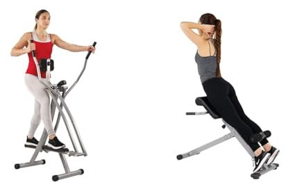 Sunny Health & Fitness Elliptical Cross Trainer w/LCD Monitor, Air Walker Exercise Machines + 45 Degree Hyperextension Roman Chair, Steel, Grey, One Size SF-BH6629