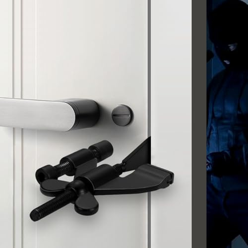 INIRET Black Adjustable Heavy Duty Portable Door Lock,Security Device for Enhanced Safety,for Home,Travel,Hotels,Apartments Prevents Unauthorized Entry,No Drill,Silicone Protector Caps Included