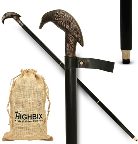Vintage Gehstock aus Holz mit altem Stil, antiker Messingkopfgriff, faltbarer Stil, Gehstock für Senioren und Erwachsene, handgefertigter Gehstock mit Geschenktasche (schwarzer Rabe)