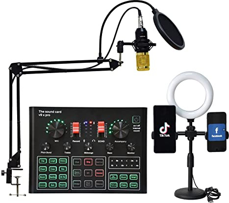 Kit Attrezzatura Podcast Professional Audio V8 Sound Card Set Mic Studio Microfono a condensatore for la registrazione di podcast Live Streaming(V9X PRO Full Set-01)