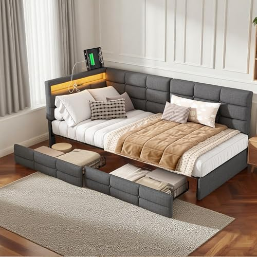 RXMORI Einzelbett Tagesbett 90×200cm Polsterbett Schlafcouch, Jugendbett Daybett, Stauraumbett Schlafsofa mit 2 Schubladen, Kinderbett Sofabett Bettgestell mit Lattenrost (Grau)