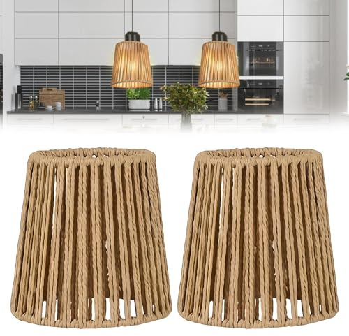 2 Stück Boho Rattan Lampenschirm: D14.5cm H14cm Lampenschirm Hängelampe für Tischlampe Stehlampe Deckenleuchte Spiegelleuchten, Papier Ersatzschirm, für Wohnzimmer Schlafzimmer Hotel