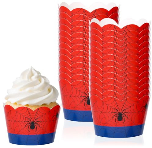 36stk Spinnen Cupcake Förmchen, Cupcake Förmchen mit Spinnennetz Motiven für Muffins Eiscreme Dessert Dekorationen Geburtstags und Hochzeitszubehör (Rot, Blau)