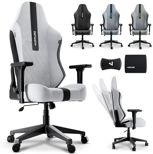 JUPPLIES Silla Gaming Premium Ergonómica – Sillas Gamer con Lino Transpirable, Reclinable 160°, Cojín Viscoelástico, Reposabrazos 4D y Base Hierro Reforzada (Blanca)