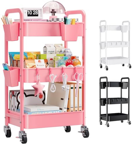 3 Tier Rolling Cart with Wheels, Metal Utility Storage Cart on Wheels, Craft Carts Organizer with Hanging Cups, Hooks, Three Tiered Rolling Carts for Bathroom, Laundry Room, Nursery, Office, Pink